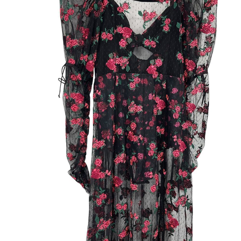 For Love & Lemons Blondie Maxi Dress Roses Mesh Bodysuit Tulle Puff Sleeve Small - Picture 12 of 13